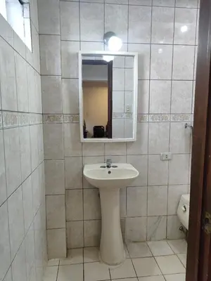 a bathroom with a sink and a mirror and a toilet at Amplia habitación independiente Larcomar in Lima