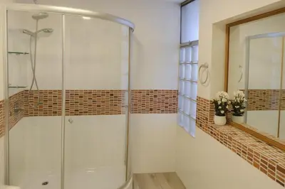 a glass shower in a bathroom with a brick wall at Bella vista al mar y Larcomar - Miraflores in Lima