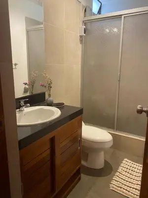 a bathroom with a sink and a toilet and a shower at Departamento en Santiago de Surco in Lima