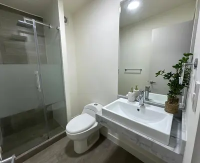 a bathroom with a toilet and a sink and a shower at Acogedor depa 2D 2B cerca a Kennedy y Larcomar in Lima