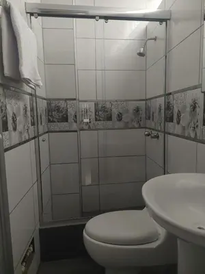 a bathroom with a shower and a toilet and a sink at Hospedaje El Jardín in Lima