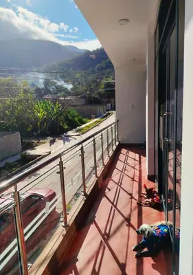 a dog laying on a balcony looking out at the view at Casa familiar con parrilla, piscina, WiFi y cesped