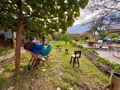 a man sitting in a chair under a tree at Hotel Nuestro Amo in Sayán