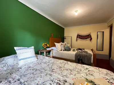 a bedroom with two beds and a green wall at Casa Paqocha Garden - Ollantaytambo - Hot Water - Wifi - Cocina Compartida in Ollantaytambo