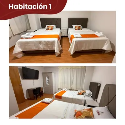 two pictures of a hotel room with two beds at Departamentos Sumaq Plaza - Mariscal Cáceres in Ayacucho