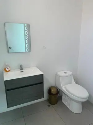 a bathroom with a toilet and a sink and a mirror at Casa campo las Pecanas Huaral