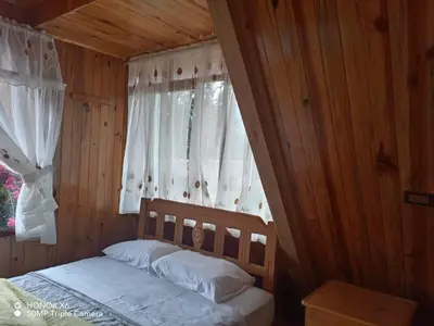 a bed in a wooden room with a window at Cabaña VALLE ENCANTADO
