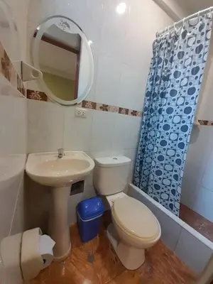 a bathroom with a toilet and a sink and a mirror at Misky Illari Hospedaje in Ica