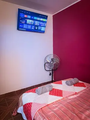 a bedroom with a bed with a red wall and a fan at Hospedaje Arco Real in Ica