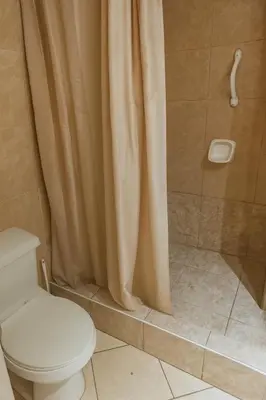 a bathroom with a shower with a toilet and a shower curtain at Bella vista al malecón Lima - Miraflores in Lima