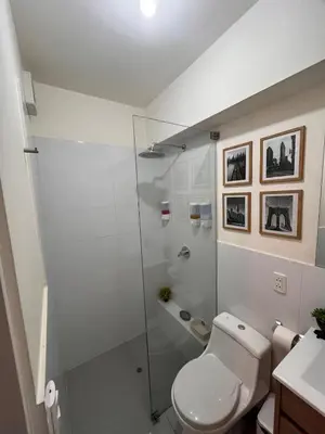 a bathroom with a toilet and a glass shower at Tempo Moderno Departamento in San Antonio