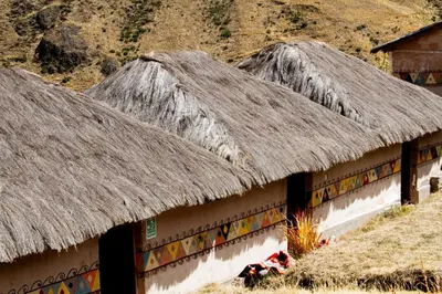two thatched roofs of a building with a cow in front at hotel turismo vivencial pallay lliclla in Urubamba