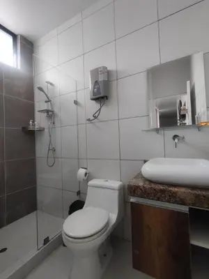 a bathroom with a toilet and a shower and a sink at Hospedaje Bry Ker in Pichanaki