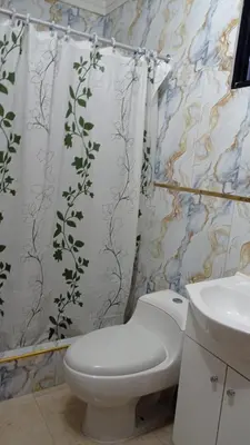 a bathroom with a toilet and a shower curtain at Hospedaje el señorial in Lima