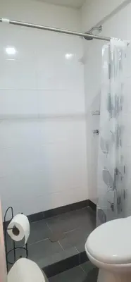 a bathroom with a white toilet and a shower at Depa UMBRA, one block from Rebagliati Hospital in Lima