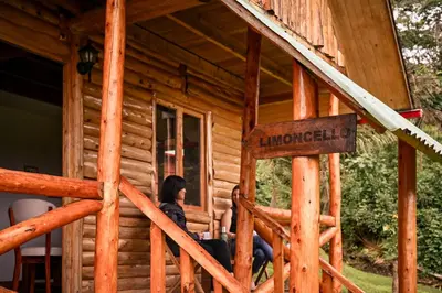 a woman sitting on the porch of a log cabin at Montecatini Ecolodge in Oxapampa