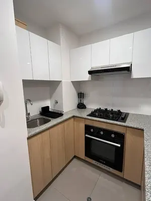 a kitchen with white cabinets and a stove and a sink at Apartamento Amoblado a un paso del parque de las aguas in Lima