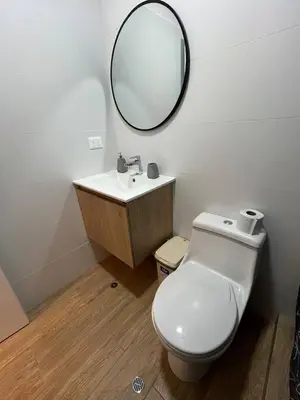 a bathroom with a white toilet and a mirror at Apartamento Amoblado a un paso del parque de las aguas in Lima