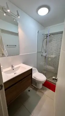 a bathroom with a toilet and a sink and a shower at Nice Department Full Equip in Barranco - Gym, Pool in Lima