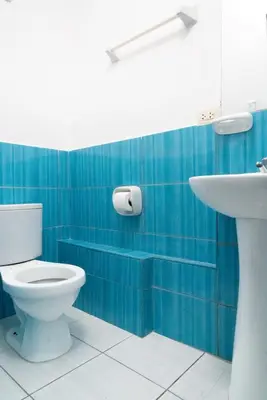 a blue bathroom with a toilet and a sink at HOTEL PALACE DIAZ inn in Cusco