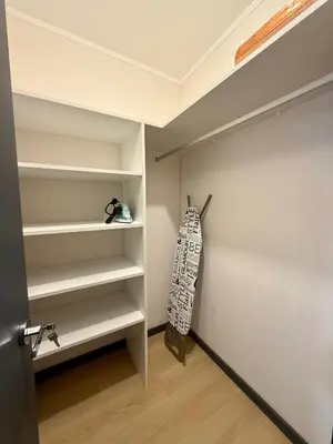 a walk in closet with shelves and a door at Departamento Style in Lima