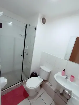 a bathroom with a toilet and a shower and a sink at Departamento amoblado y Estacionamiento Gratis in Lima