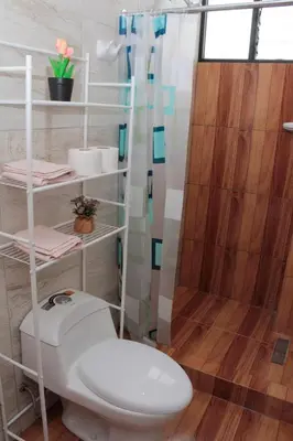 a bathroom with a white toilet and a shower at Valle Sagrado Mágico in Urubamba