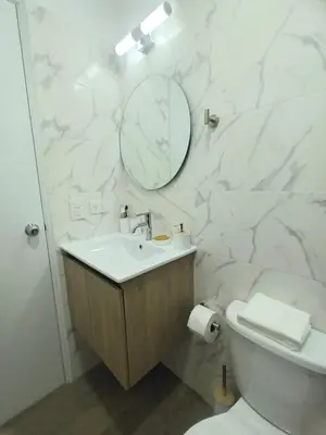 a bathroom with a sink and a mirror and a toilet at Katty's apartment - Santa Beatriz in Lima