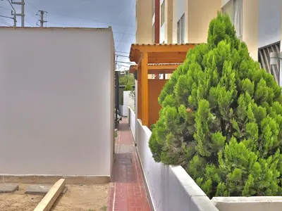 two christmas trees are next to a white fence at Lindo depa cerca a huacachina in Ica