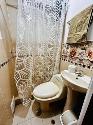 a bathroom with a toilet and a sink and a shower curtain at Tampumachay in Cusco