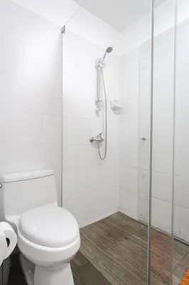 a white bathroom with a toilet and a shower at Espectacular vista al mar en Miraflores in Lima