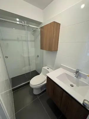 a bathroom with a toilet and a sink and a shower at Cozy bedroom in Miraflores with rooftop pool in Lima