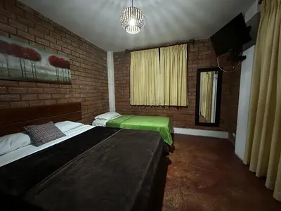 a bedroom with two beds and a brick wall at La Fogata del Sur in Asia