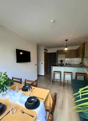 a living room with two tables and a kitchen at Beautiful Modern Apartment in Lima in Lima