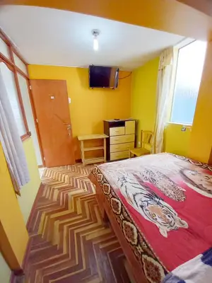 a bedroom with a bed and a tv on the wall at Hospedaje Bienvenidos a mi Casa in Cerro de Pasco