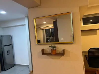 a mirror on a wall with a plant on a shelf at Spacious downtown apartment overlooking Parque de las Aguas in Lima