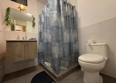 a bathroom with a toilet and a shower curtain at Modern XXL Apartment in San Miguel in Lima