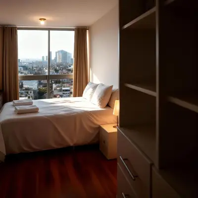 a hotel room with a bed and a window at E24h Modern Executive Loft 2BR 1401 in Lima