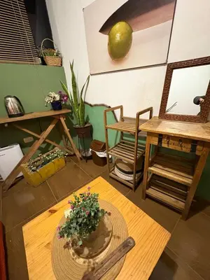 a living room with a table with a plant on it at super cute affordable mini apt, san Blas in Cusco