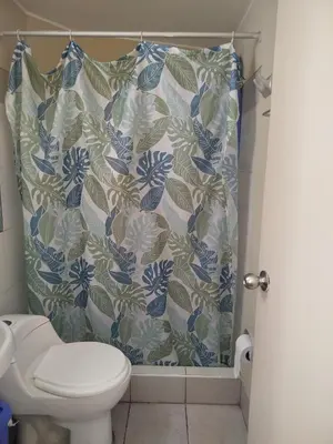 a bathroom with a shower curtain with a toilet at Like a Home - Barranco in Lima