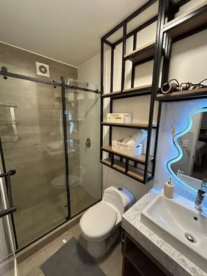 a bathroom with a shower and a toilet and a sink at Suites Valetine ocean bco in Lima