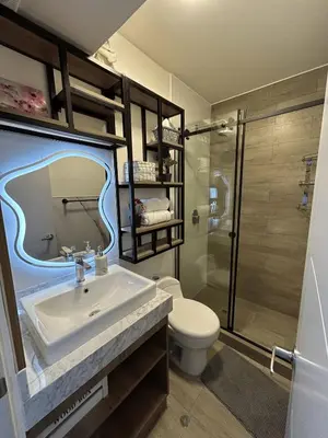 a bathroom with a sink and a toilet and a shower at Suites Valetine ocean bco in Lima