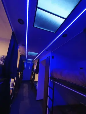 a room with blue lights on the ceiling at Dream Up in Cusco
