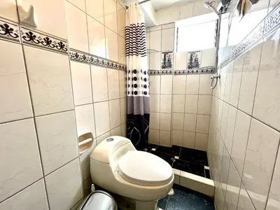 a small bathroom with a toilet and a shower at Departamento a 5 cuadras de la Plaza de Armas Cusco in Cusco