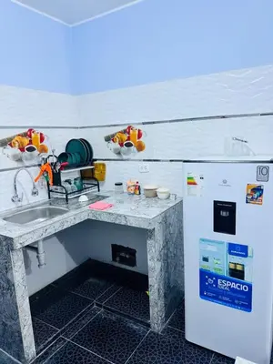 a kitchen with a sink and a refrigerator at Departamento 2 Dormitorios, zona tranquila, Ideal 4 Personas El Tambo in Huancayo