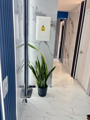a plant sitting on a tile floor in a hallway at Cuarto privado en departamento compartido in Lima