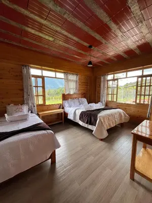 a bedroom with two beds in a room with windows at Hassinger Haus in Oxapampa