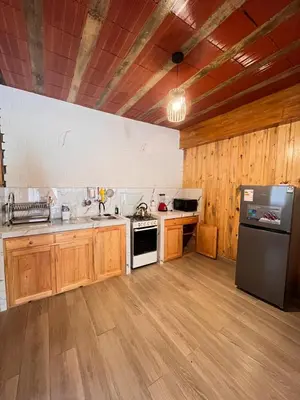 a large kitchen with wooden cabinets and a refrigerator at Hassinger Haus in Oxapampa