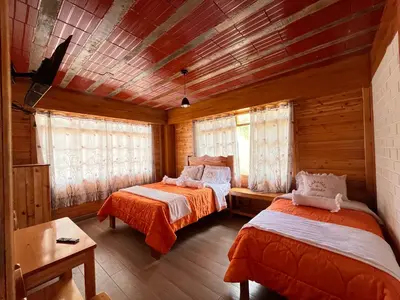 a bedroom with two beds in a log cabin at Hassinger Haus in Oxapampa