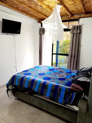 a bedroom with a bed with a blue comforter and a window at Casa rústica in Ica